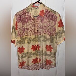 SILK MIST Vintage Women's 100% Silk Floral Blouse - Red, Green and Cream